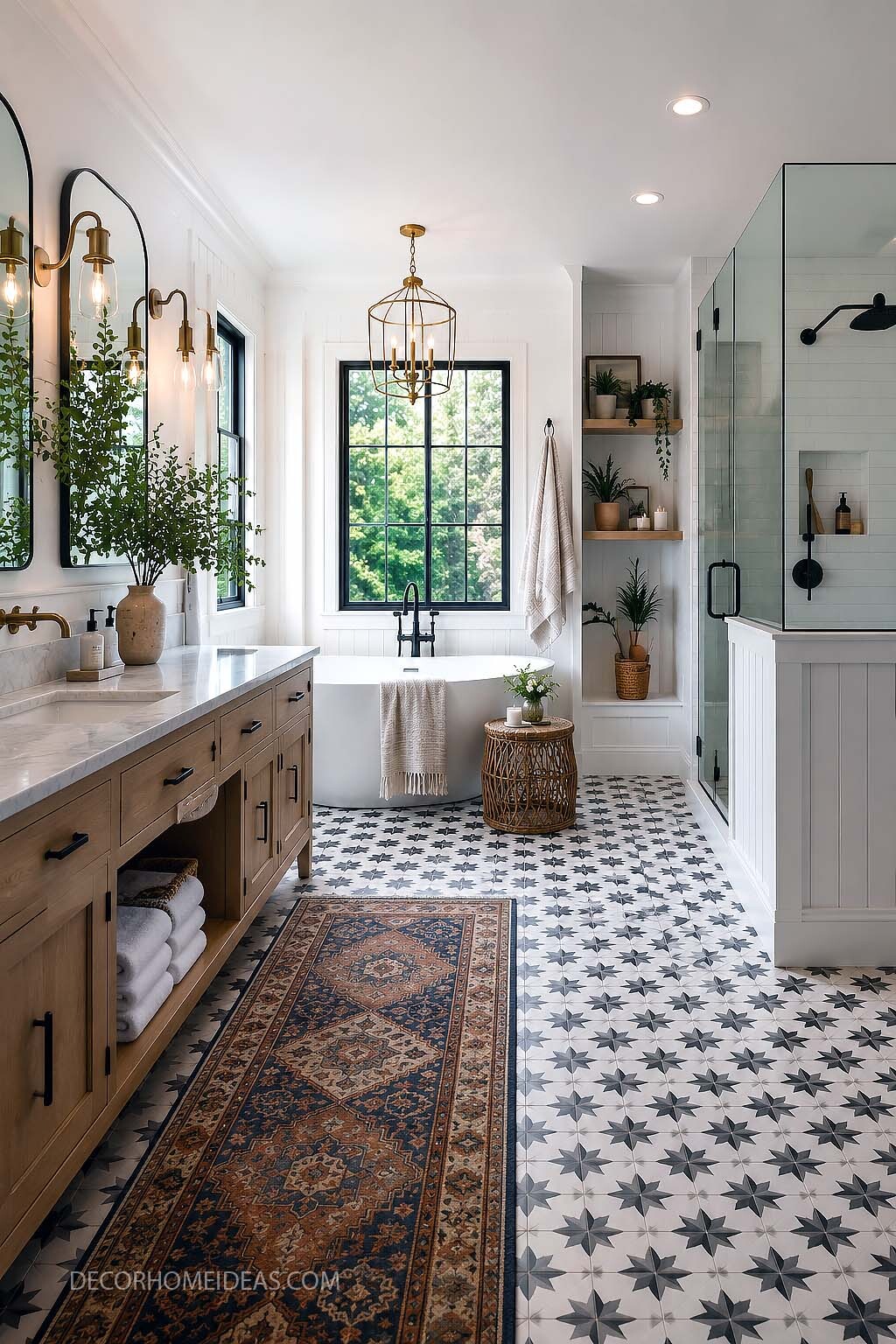 Farmhouse Bathroom With Patterned Tile and Freestanding Tub