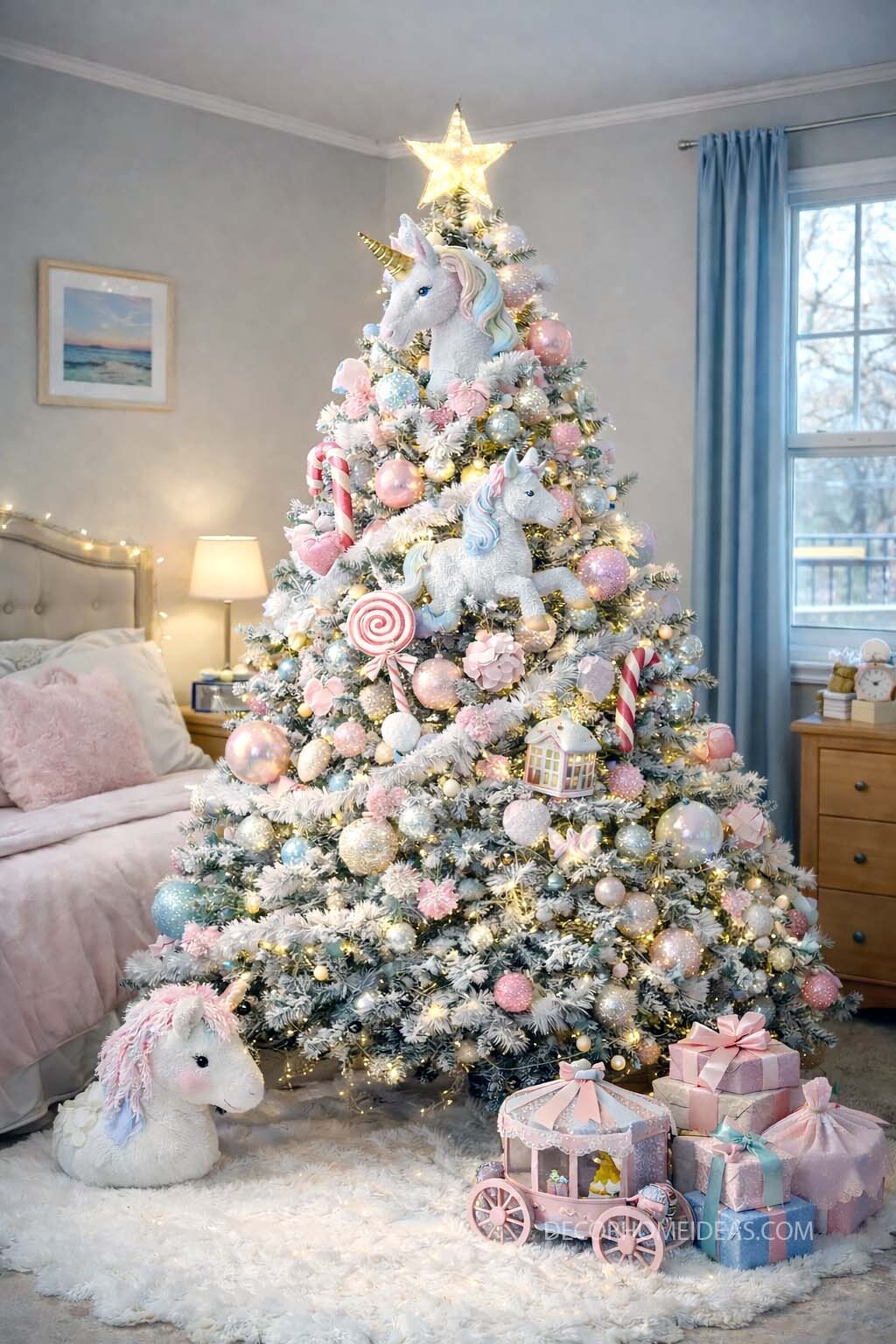 Magical Pastel Christmas Tree with Unicorns and Candy Decor
