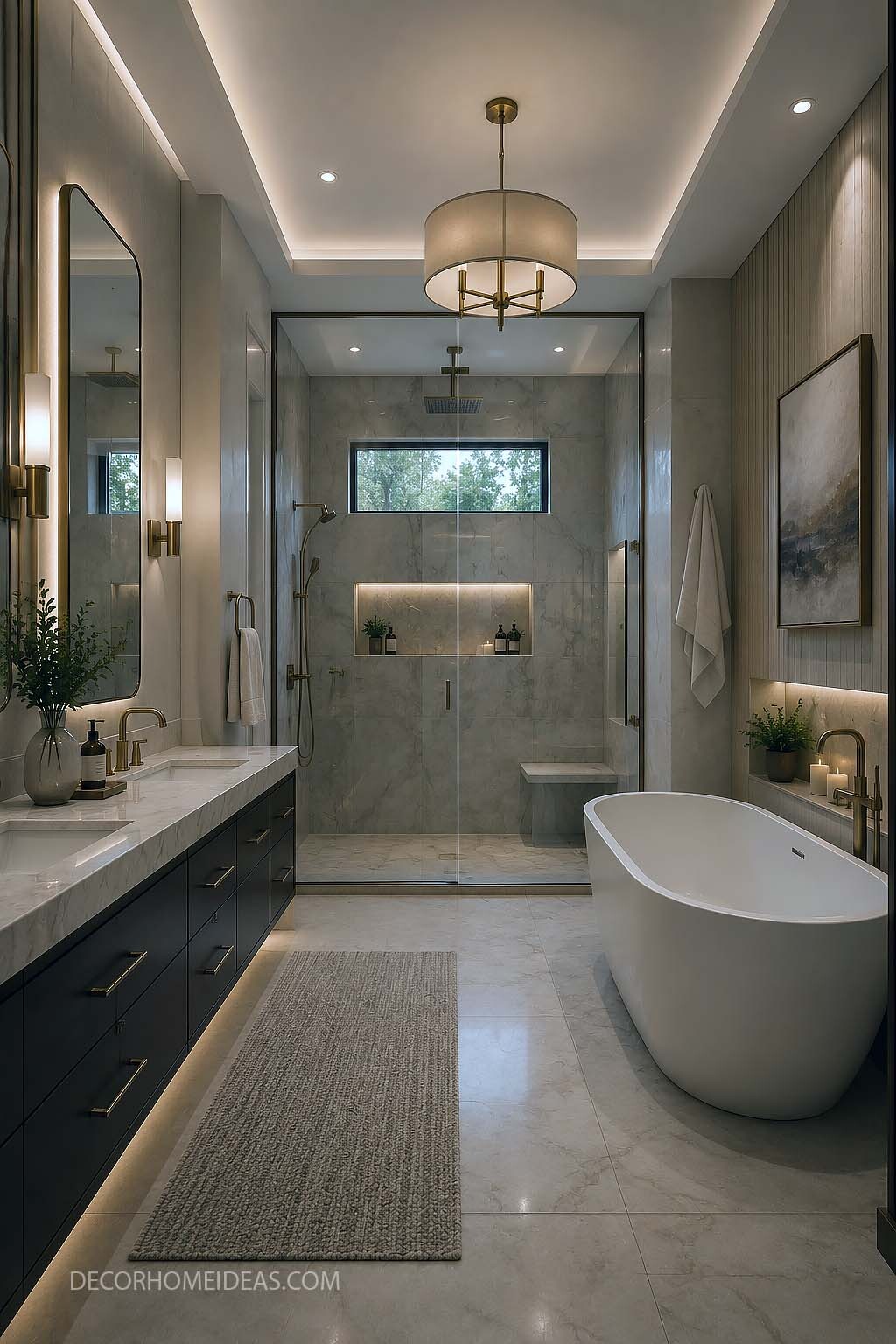 Modern Bathroom With Warm Lighting and Spa Inspired Marble Design