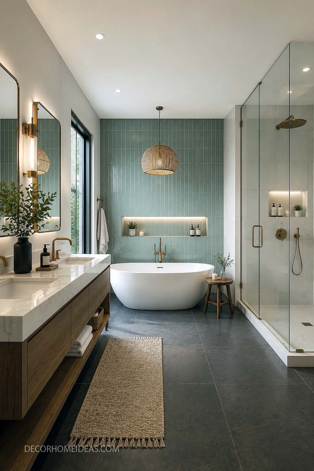 Modern Spa Bathroom With Sage Green Tile and Freestanding Tub