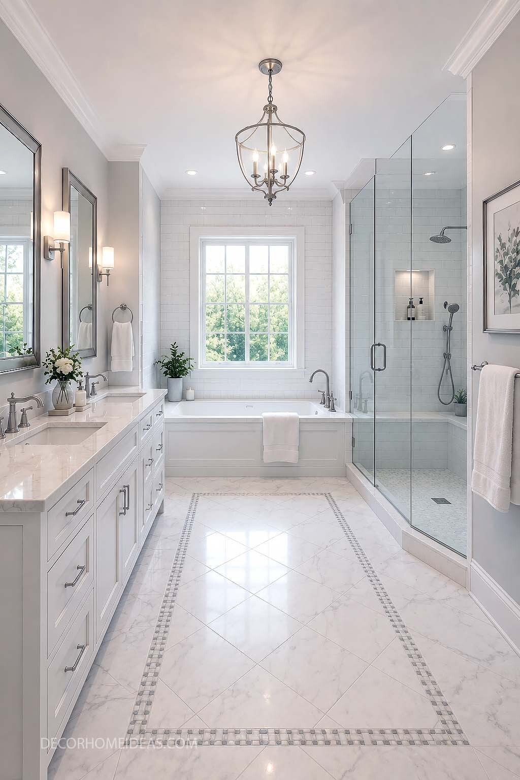 White Luxury Bathroom With Marble Tile and Glass Walk In Shower