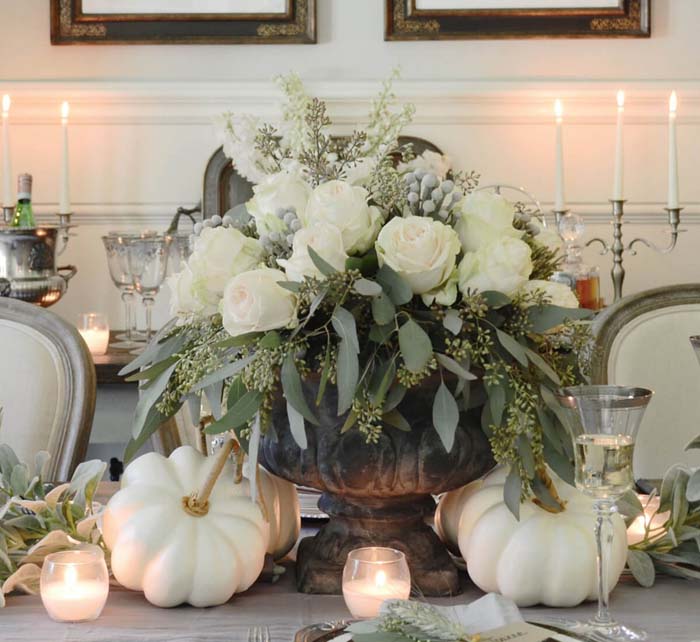 Beautiful Potted Rose and Eucalyptus Arrangement #thanksgiving #centerpieces #decorhomeideas