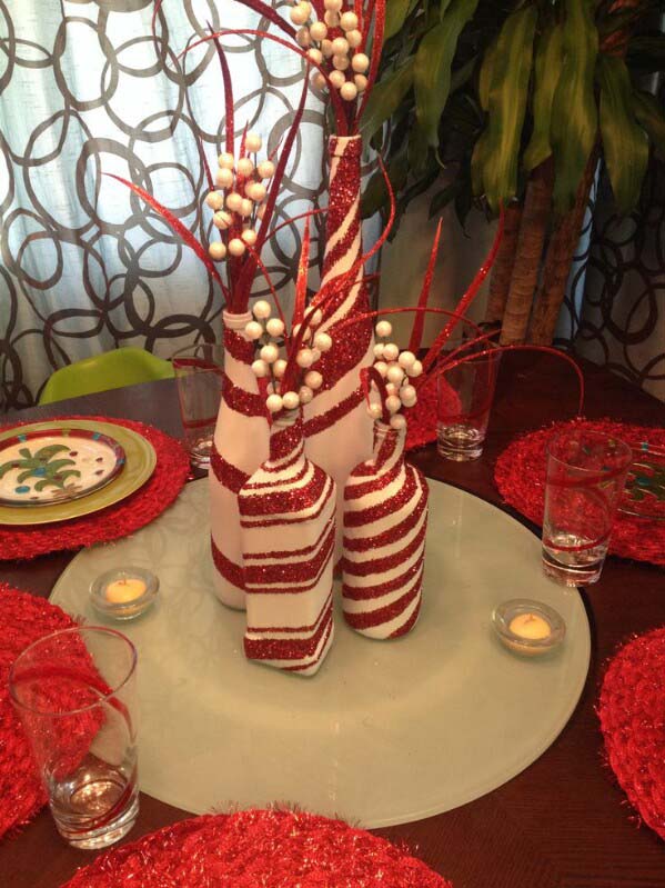 Candy Cane Bottles #christmas #winebottle #decorhomeideas