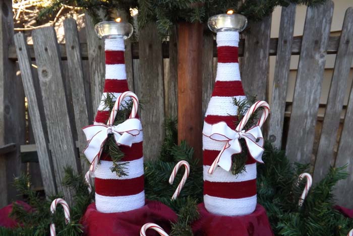 Candy Cane Candle Holders #christmas #winebottle #decorhomeideas