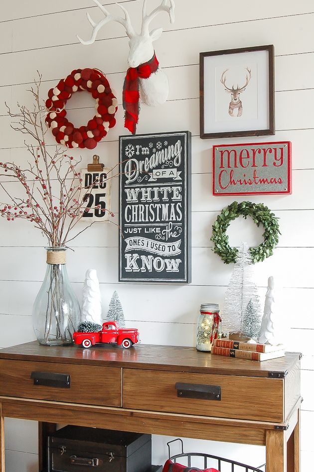 Christmas Entryway Console Table Decor With Wooden Christmas Signs