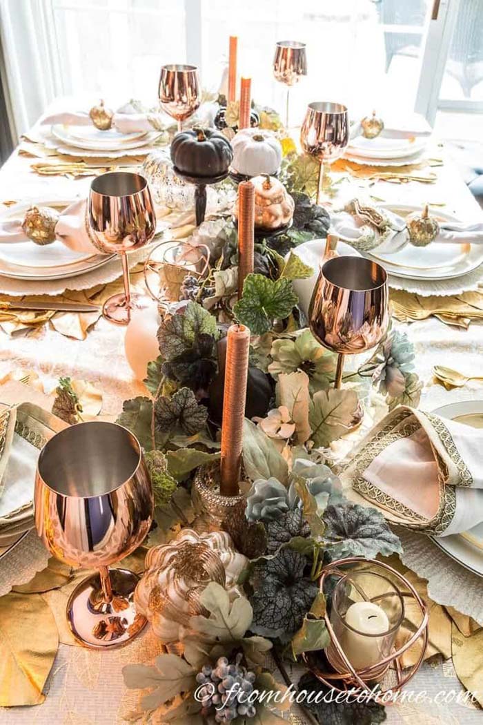 Copper and Faux Plants Centerpiece #thanksgiving #centerpieces #decorhomeideas