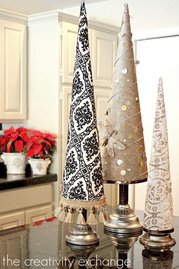 Fabric-Covered Cone Trees #diy #christmastree #decorhomeideas