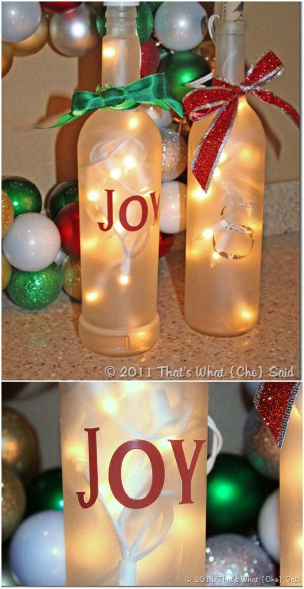Frosted Luminaries #christmas #winebottle #decorhomeideas