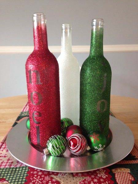 Glittery Embossed Bottles #christmas #winebottle #decorhomeideas