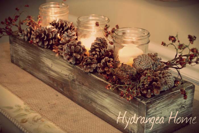 Mason Jar Votive Holder Crate with Woodland Accents #thanksgiving #centerpieces #decorhomeideas