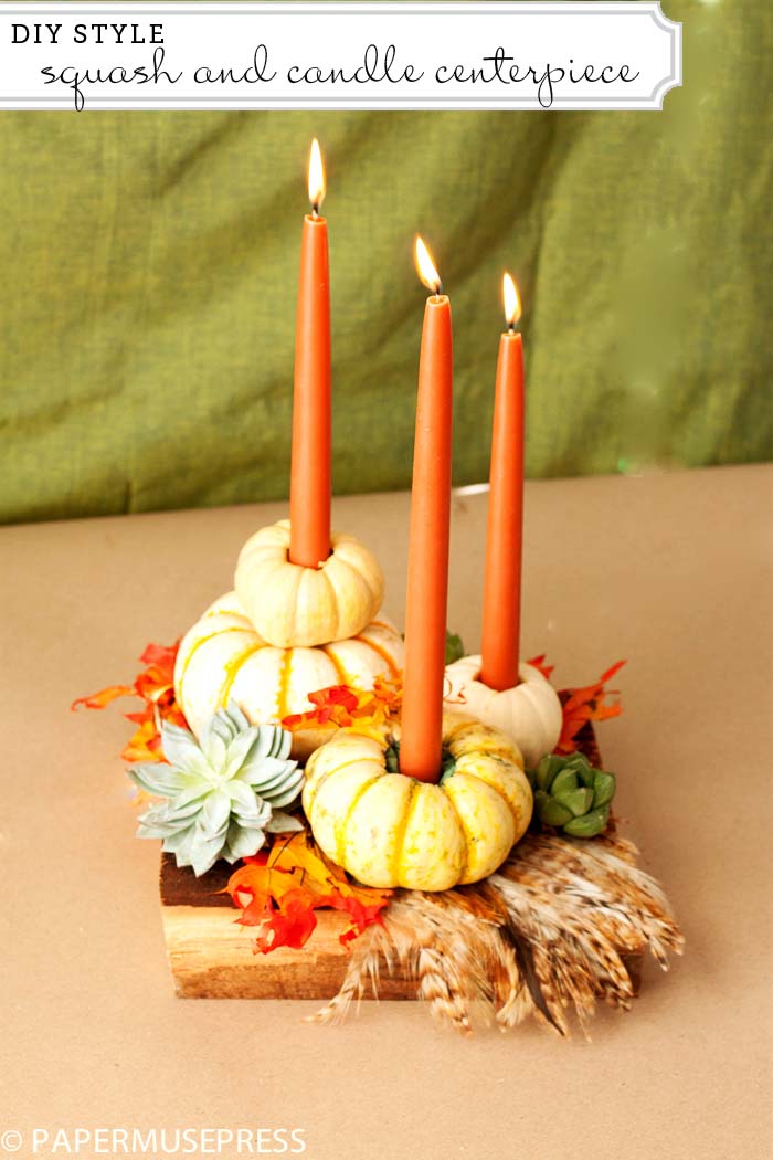 Mini-gourd Candlesticks with Fall Foliage and Succulents #thanksgiving #centerpieces #decorhomeideas