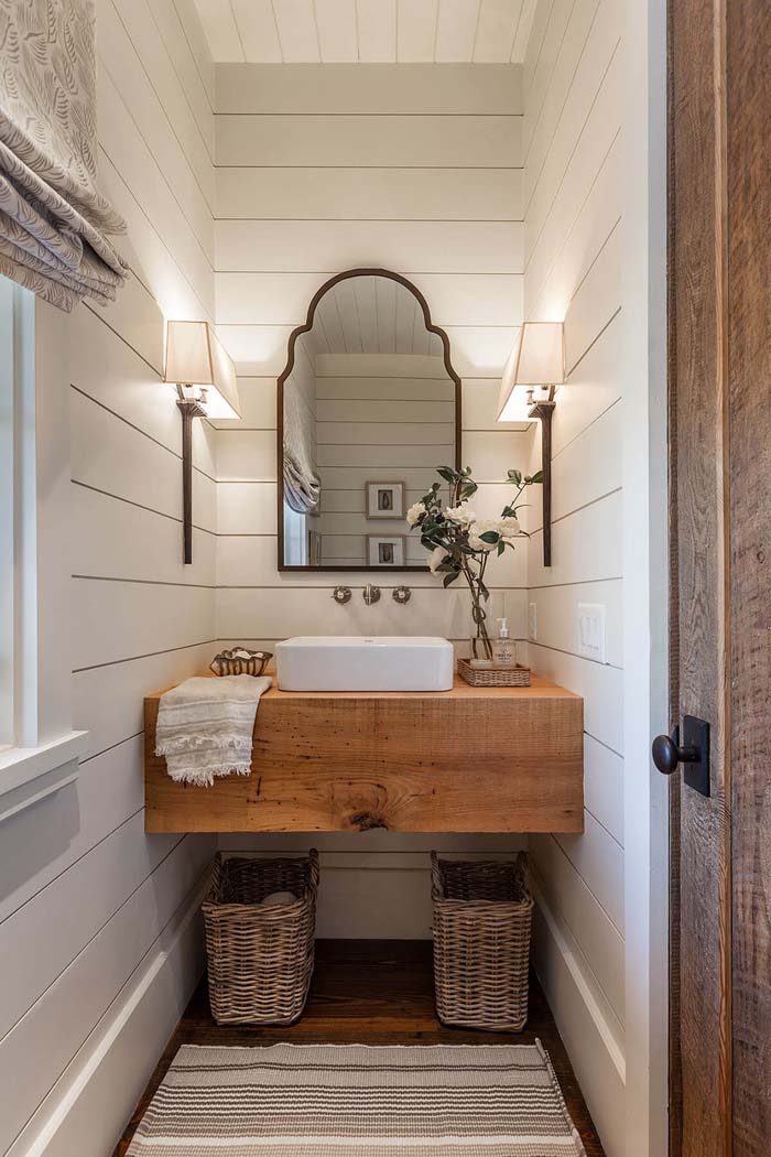 Polished Powder Room with an Earthy Element #rusticdecor #shiplap #decorhomeideas