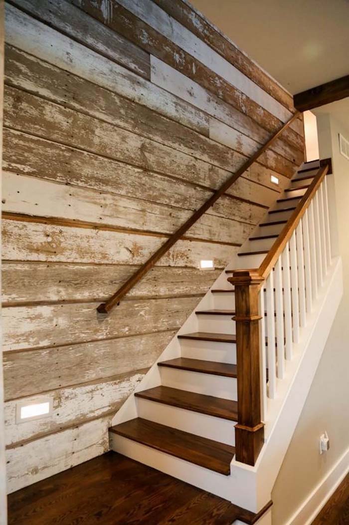 Rustic Paneled Wall Meets Classic Wood Staircase #rusticdecor #shiplap #decorhomeideas