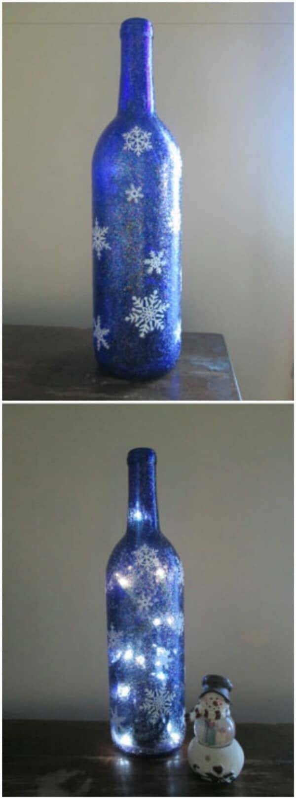 Snowflake Wine Bottle Light #christmas #winebottle #decorhomeideas