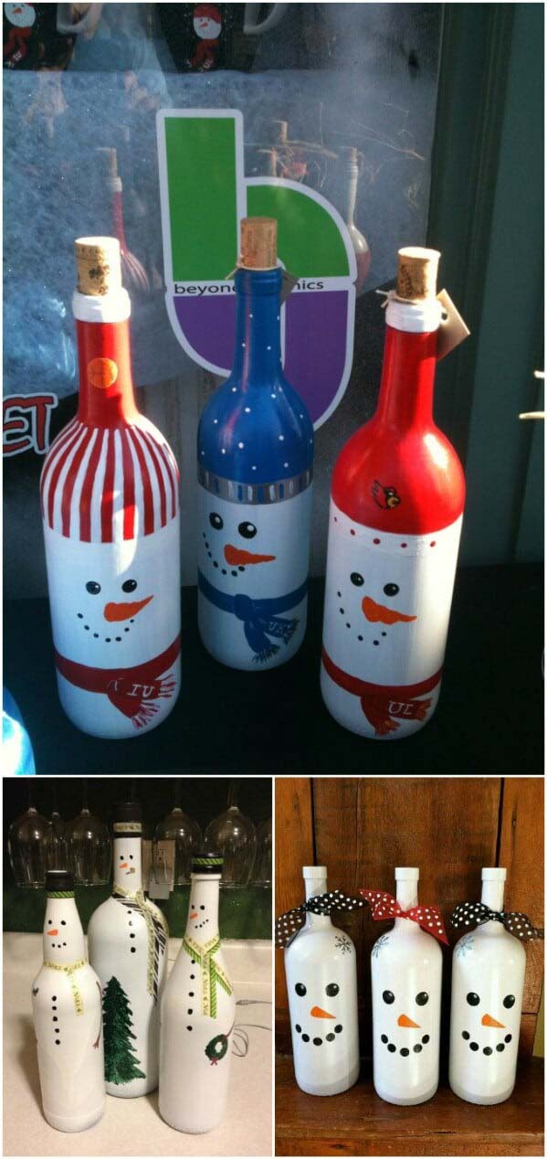Snowmen Painted Bottles #christmas #winebottle #decorhomeideas