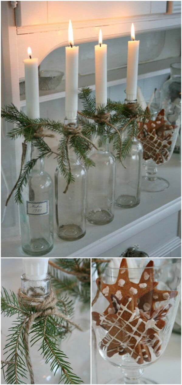 Wine Bottle Candlesticks #christmas #winebottle #decorhomeideas