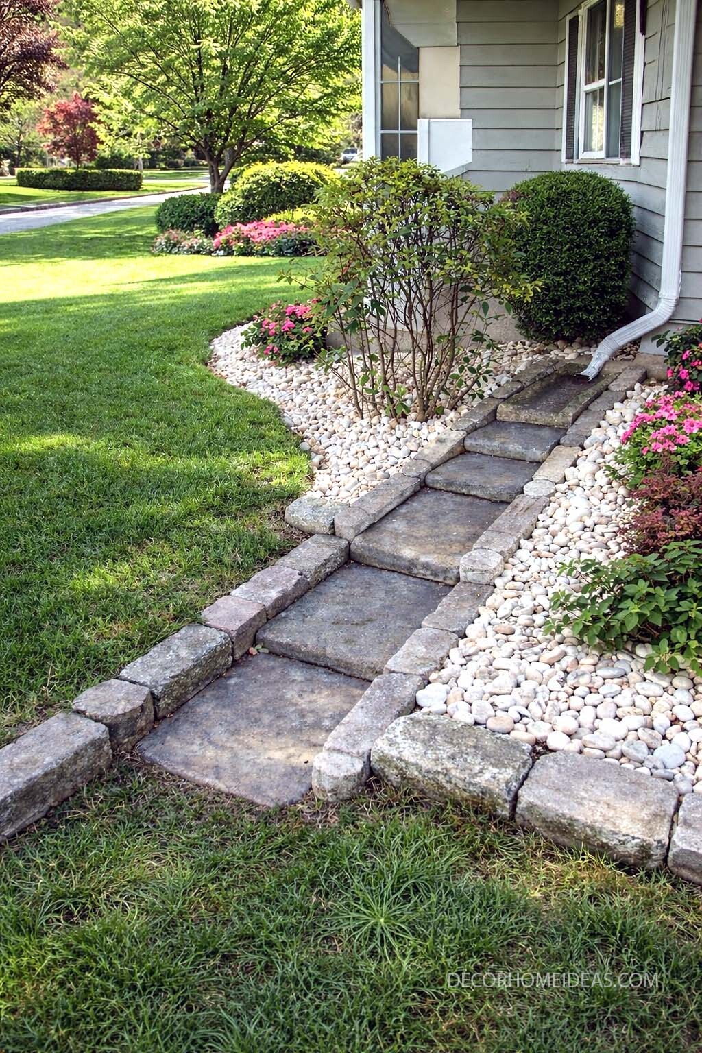 Front Yard River Rock Drainage Around House Foundation