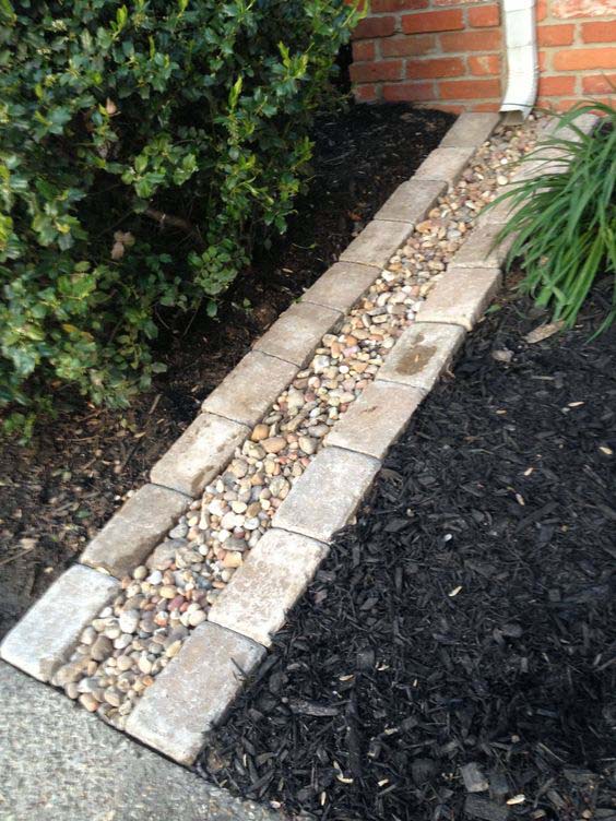 A Stone Dry Creek With Brick Edging #downspout #landscaping #rocks #decorhomeideas