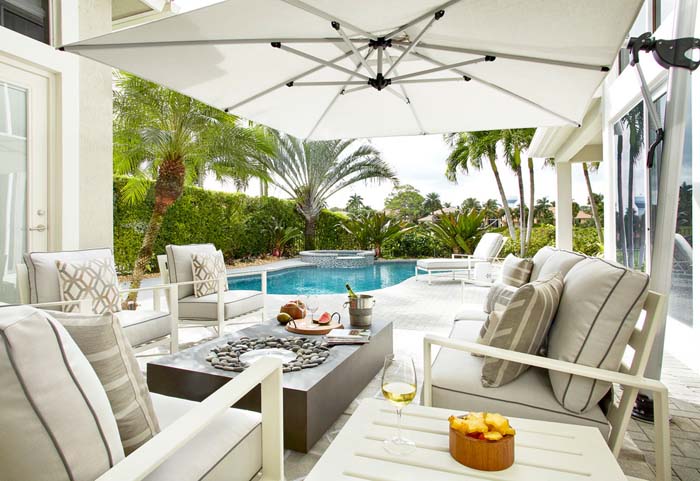 Bright Patio on a Budget #firepit #poolside #decorhomeideas