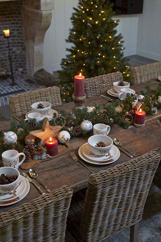 Christmas Tablescape With An Evergreen And Ornament Runner #Christmas #rustic #tablesetting #decorhomeideas