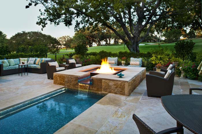 Fire Pit and Water Feature #firepit #poolside #decorhomeideas