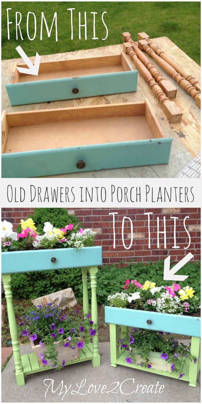 Flowering Drawers Porch and Garden Planters #spindle #repurpose #decorhomeideas