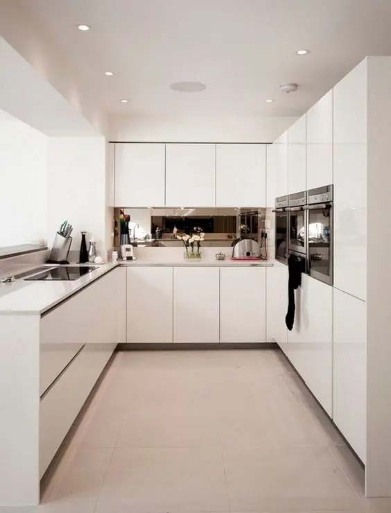 Glossy White Kitchen Cabinets #ushaped #kitchen #decorhomeideas
