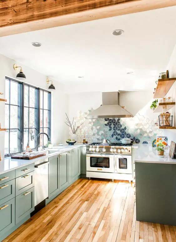 Green U-shaped Kitchen With Ombre Tiles Backsplash #ushaped #kitchen #decorhomeideas