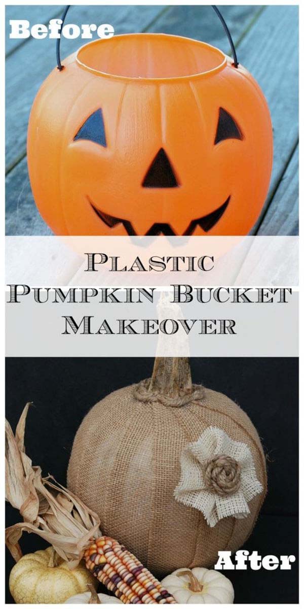 Halloween Chic Burlap Covered Pumpkin Bucket #burlapdecor #diy #decorhomeideas