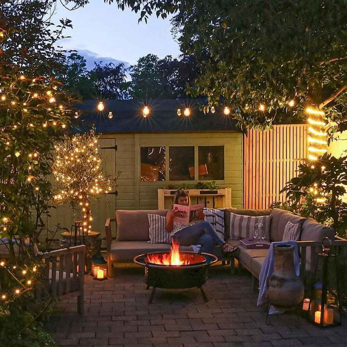 Lanterns and String Lights #firepit #lighting #decorhomeideas