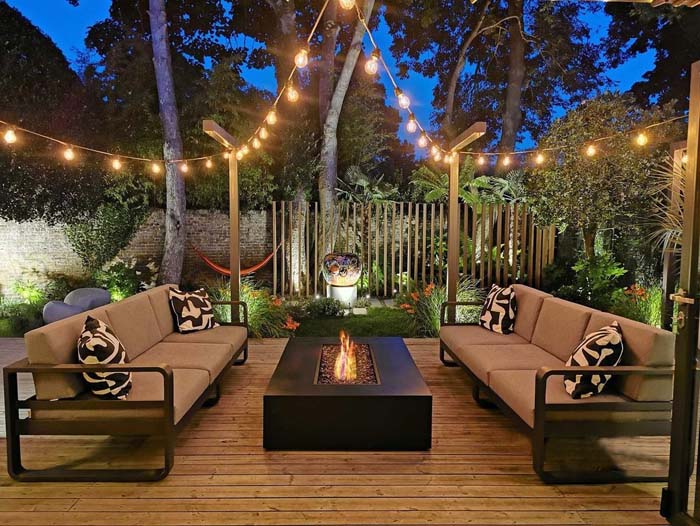 Patio With Fire Pit and String Lights #firepit #lighting #decorhomeideas