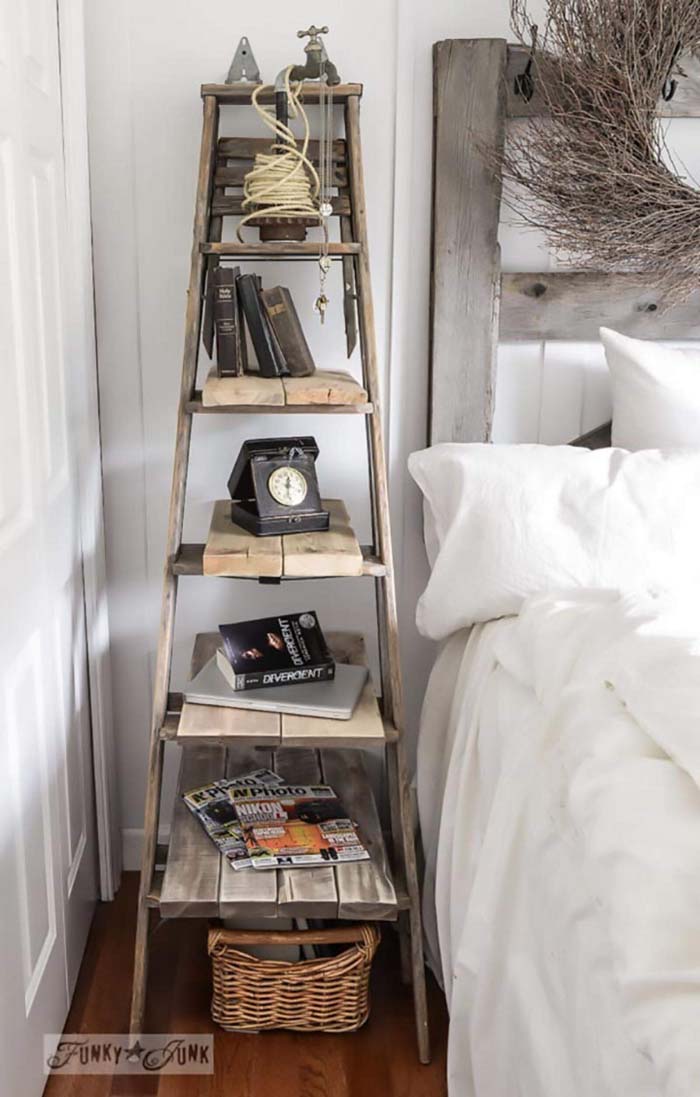 Plank and Ladder Bedside Shelf #farmhousebedroom #decorhomeideas
