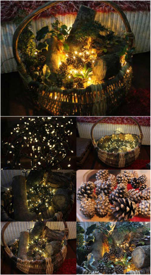 Rustic Porch Basket #Christmas #lights #decorhomeideas