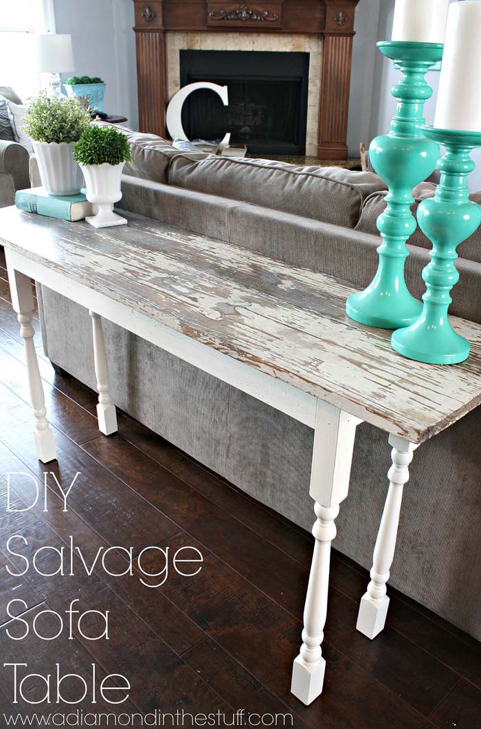 Salvage Plank Sofa Table with Spindle Legs #spindle #repurpose #decorhomeideas