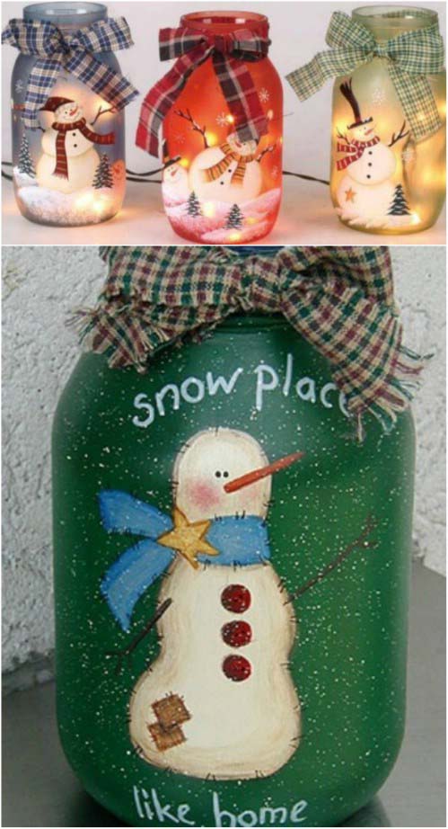 Snowman Mason Jars #Christmas #lights #decorhomeideas