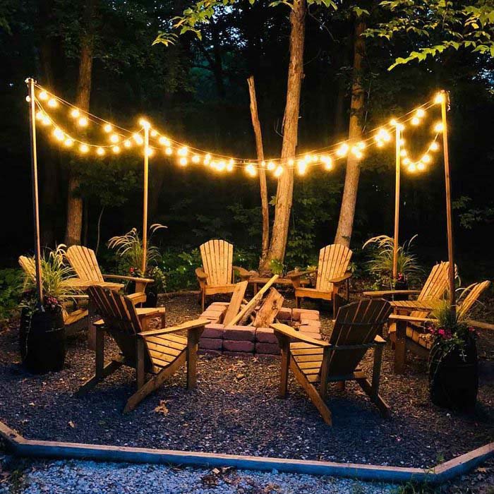 String Lights on Posts #firepit #lighting #decorhomeideas