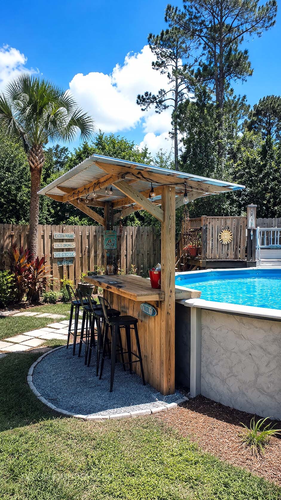 Above Ground Pool Bar With Tropical Backyard Landscaping