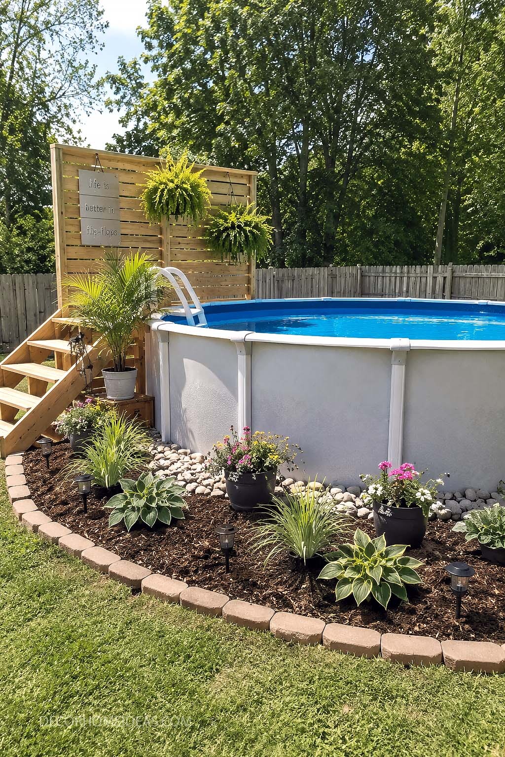 Above Ground Pool Landscaping With Flower Bed and Privacy Screen