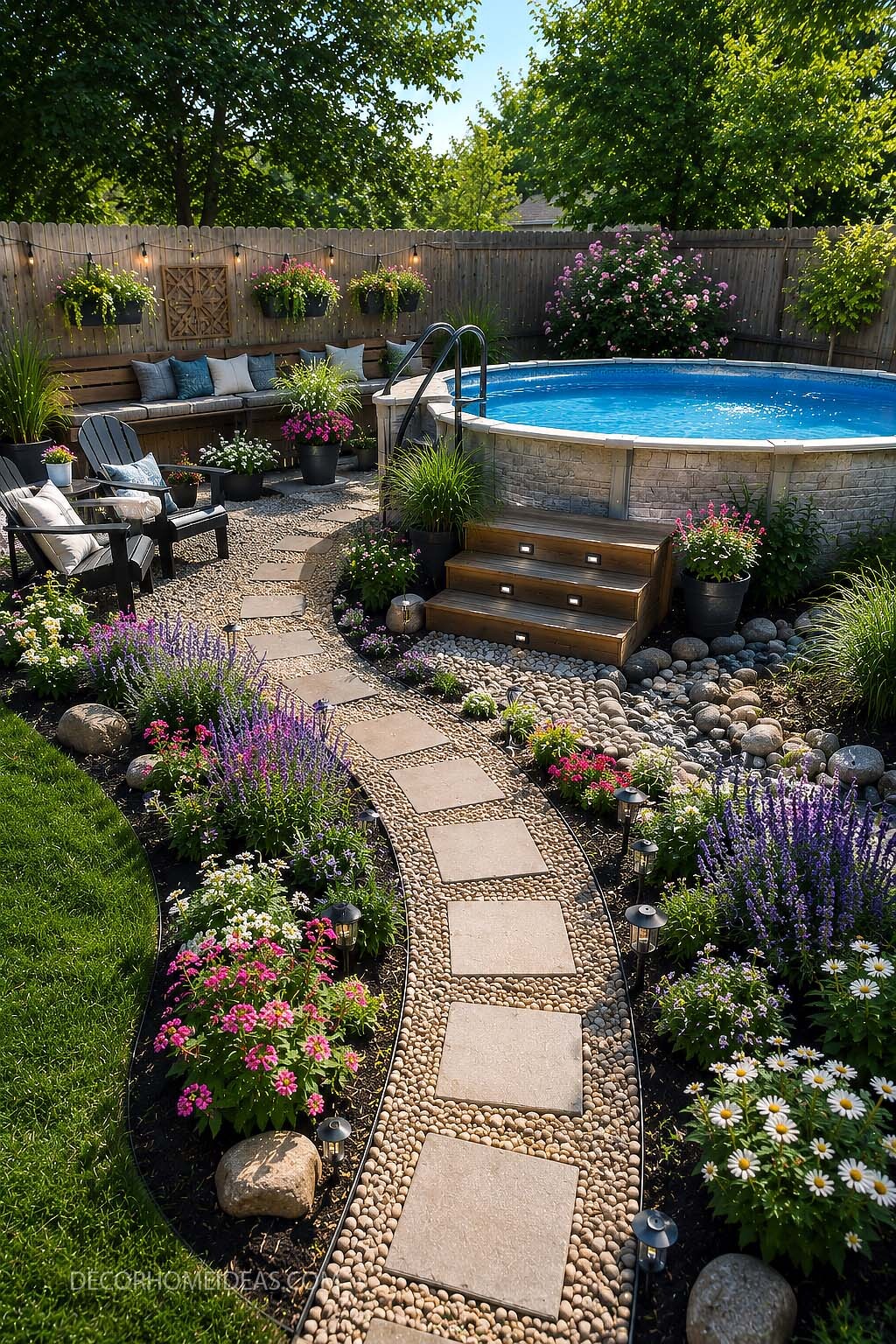 Above Ground Pool Landscaping With Pebble Walkway and Flower Beds
