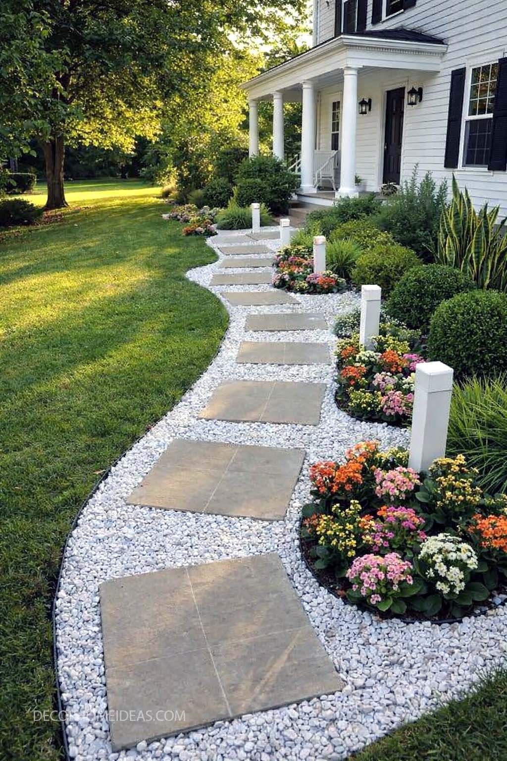 Charming Front Walkway with Stone Path and Flower Bed Border