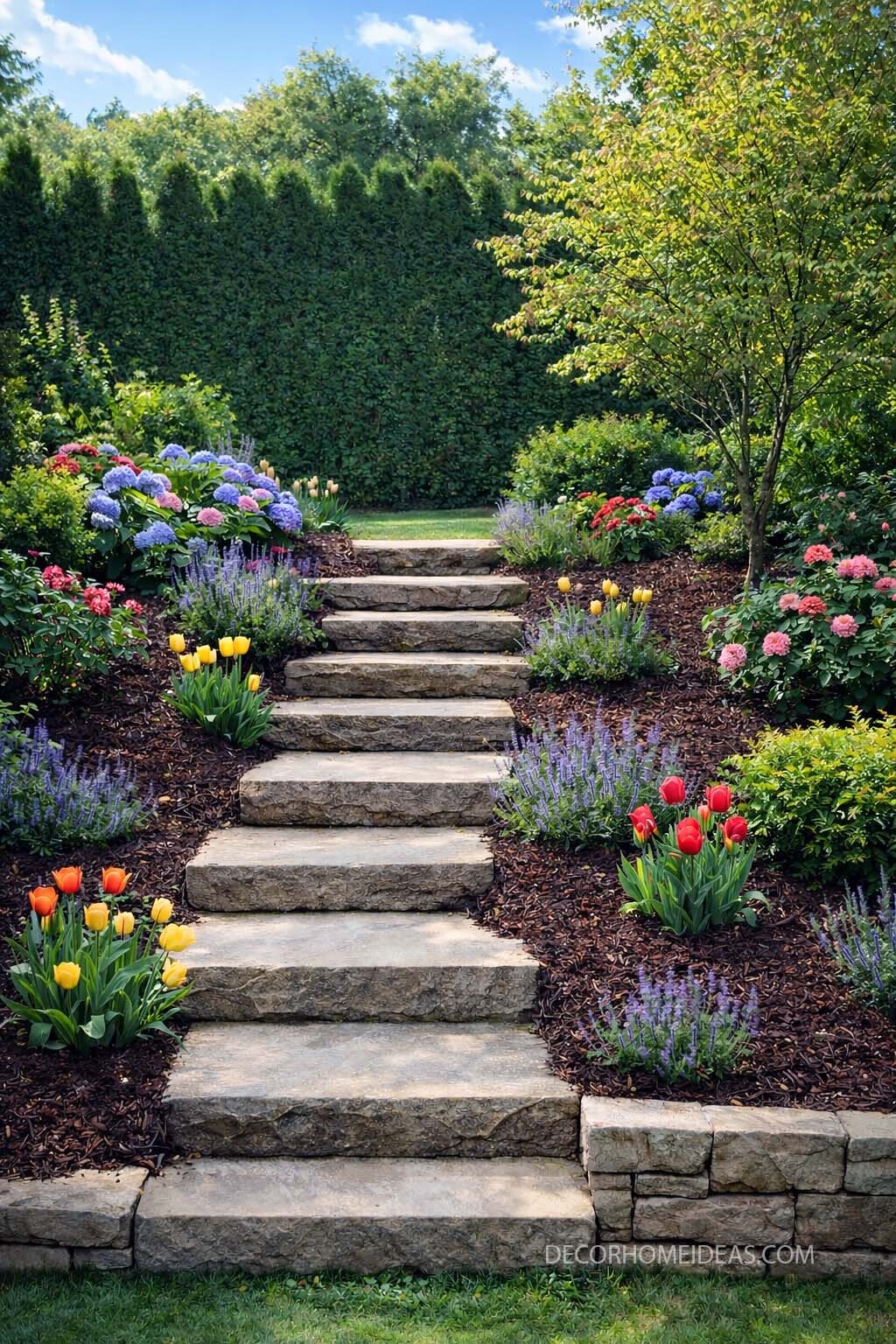 Colorful Sloped Backyard Landscaping with Stone Steps and Flower Beds