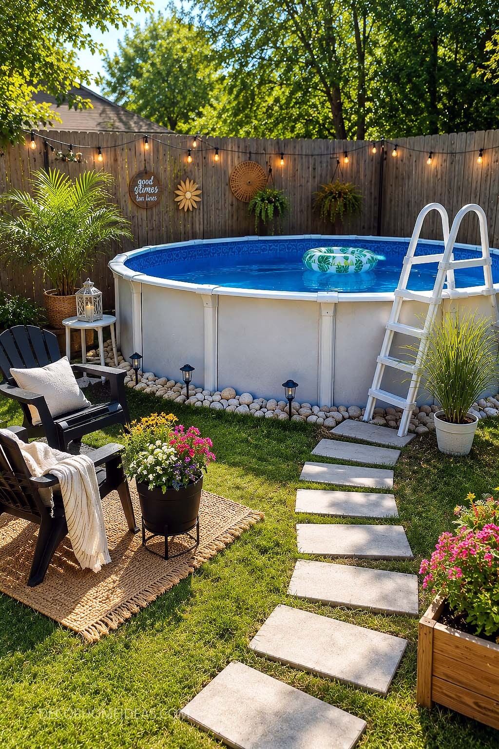Cozy Above Ground Pool Backyard With String Lights and Lounge Area