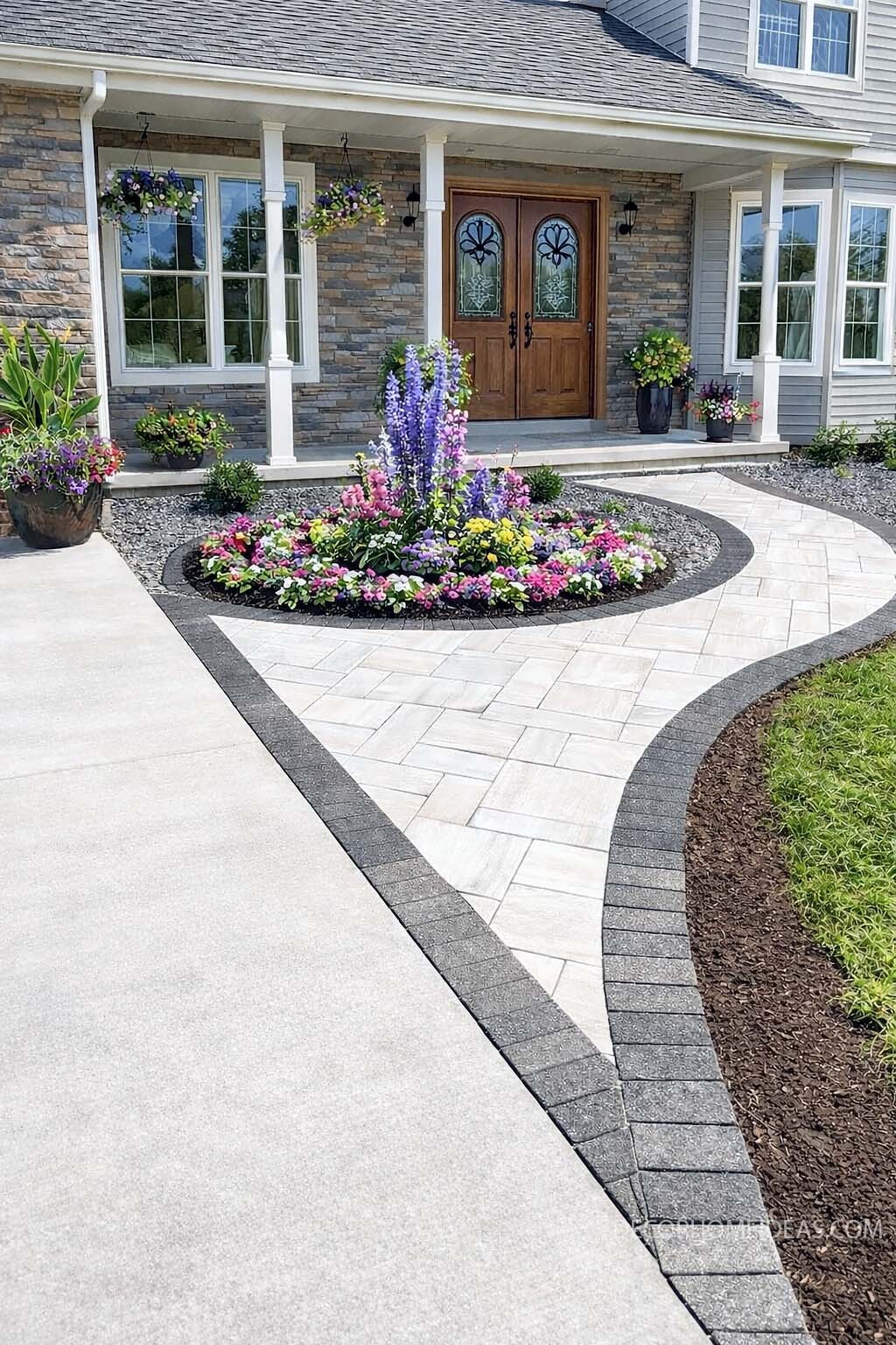 Elegant Front Walkway with Circular Flower Bed