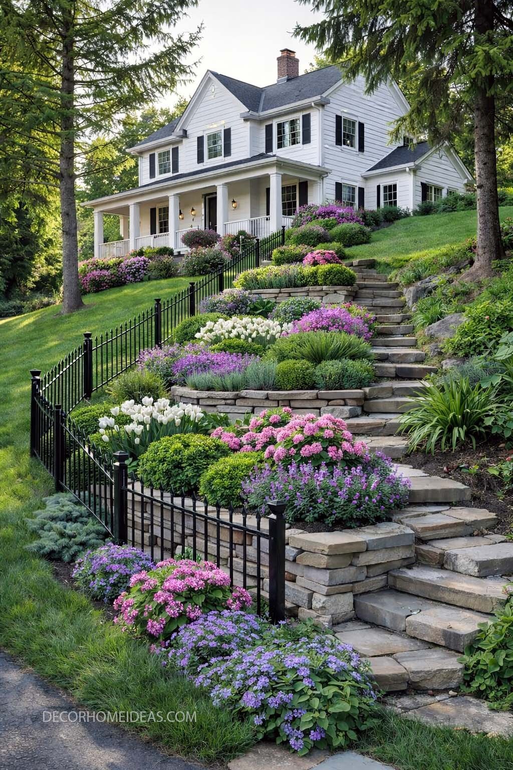 Elegant Sloped Front Yard Landscaping with Terraced Flower Beds