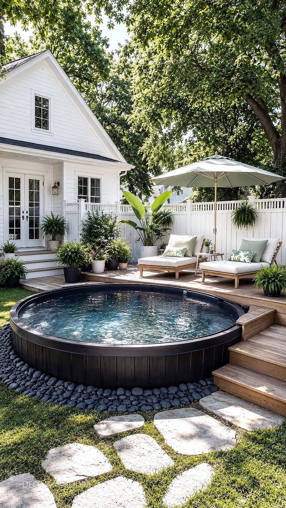 Elegant Stock Tank Pool Deck With Cozy Backyard Lounge