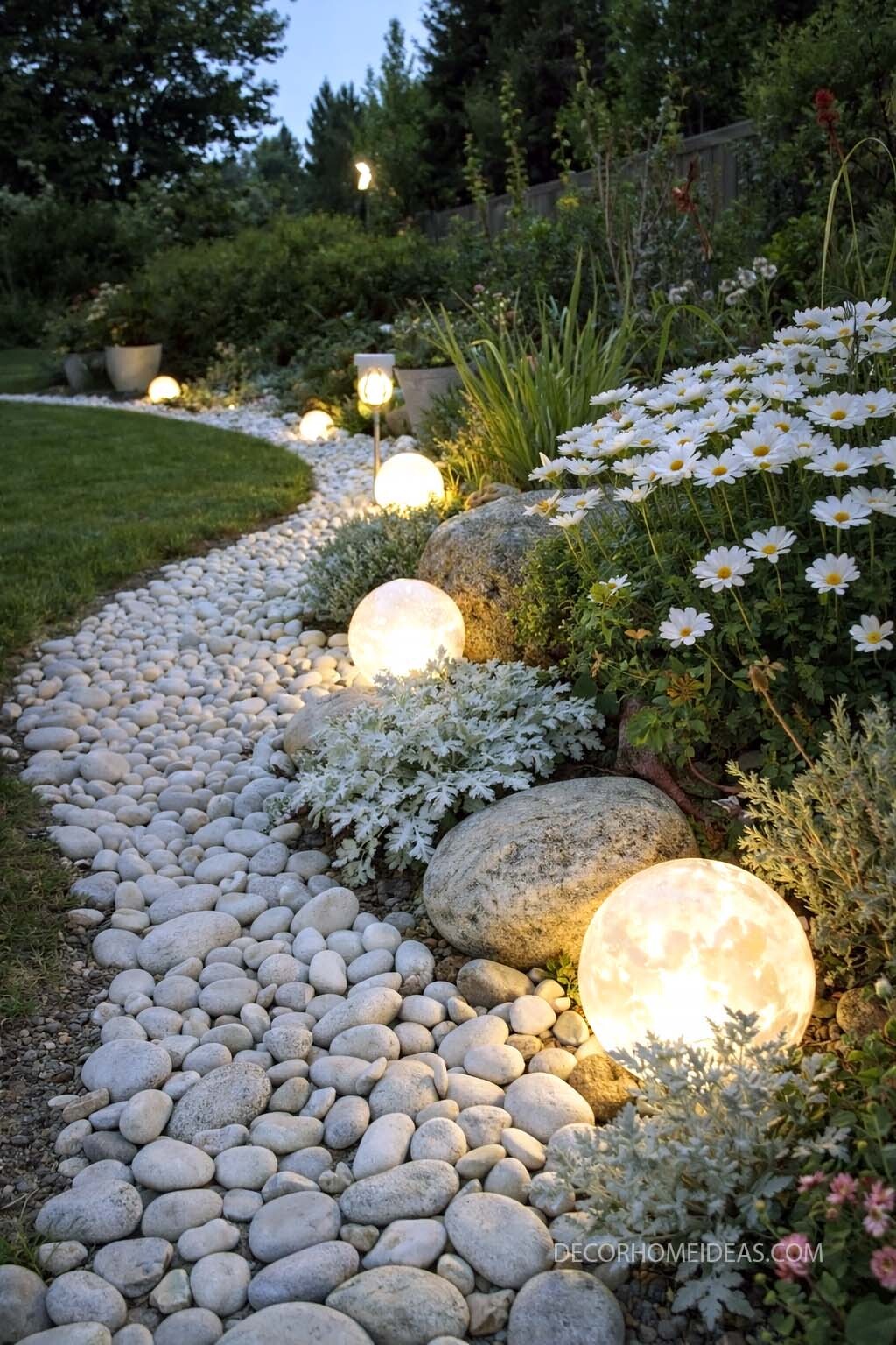 Glowing Flower Bed Border with Rock Edging and Garden Lights
