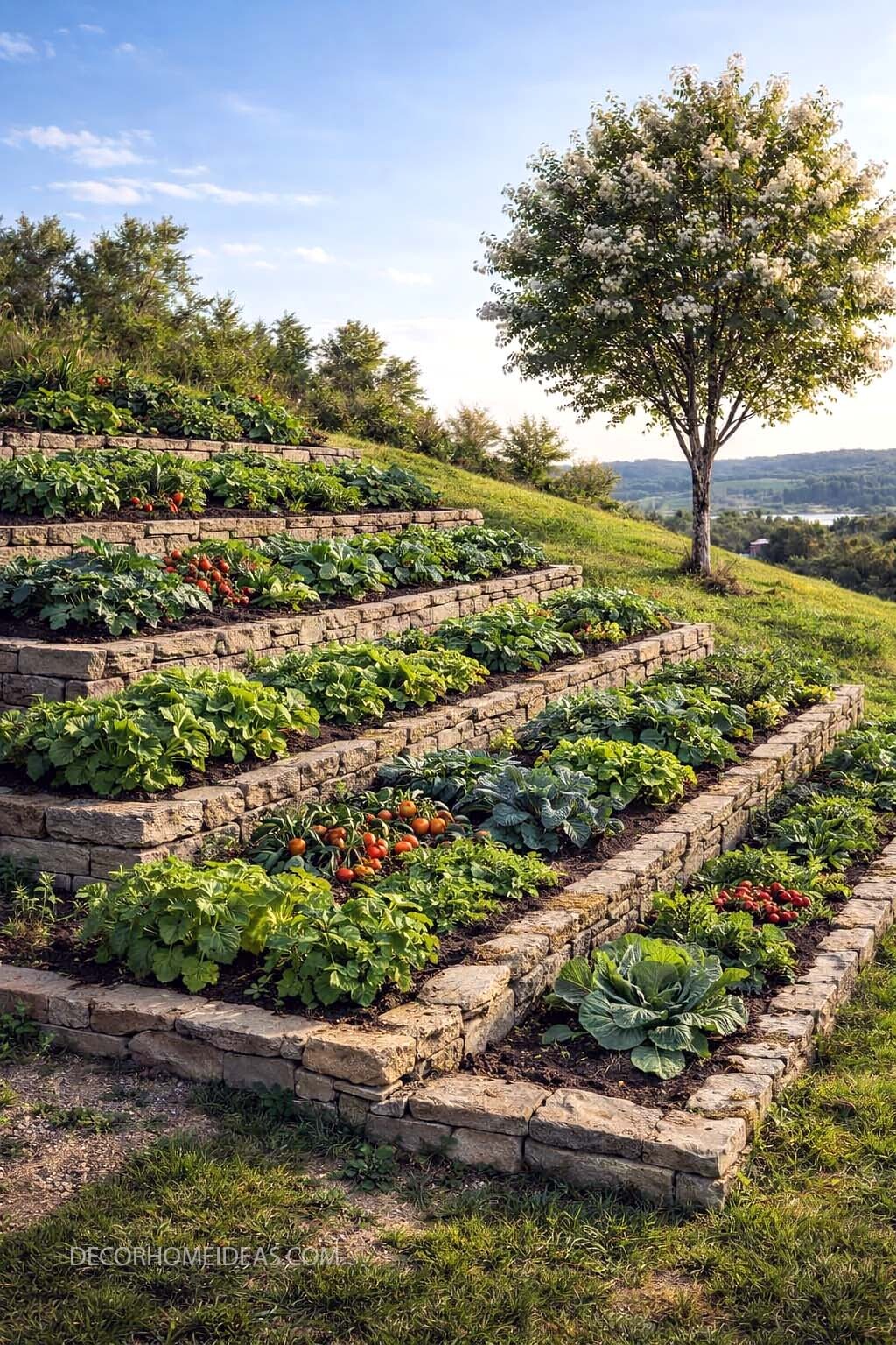 Terraced Vegetable Garden on a Slope with Stone Raised Beds