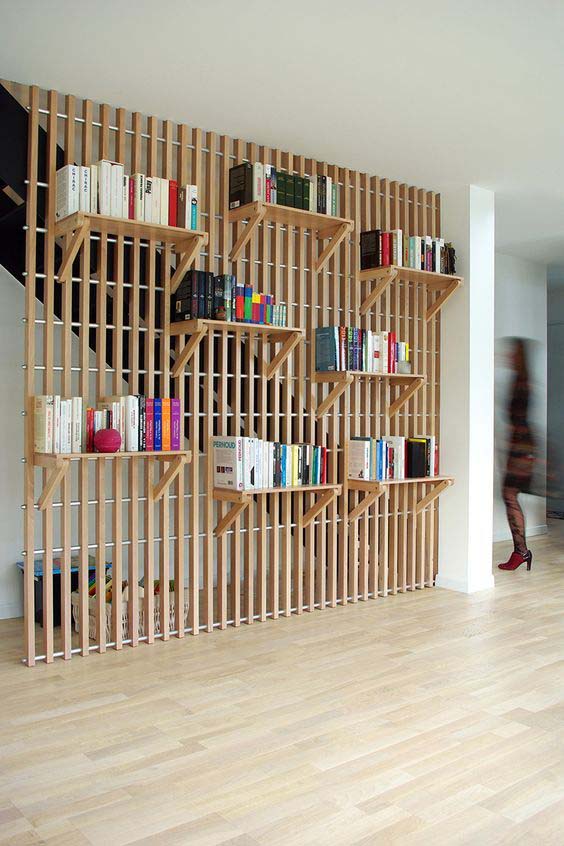 Artistic Library Wall #woodenslats #homedecor #decorhomeideas