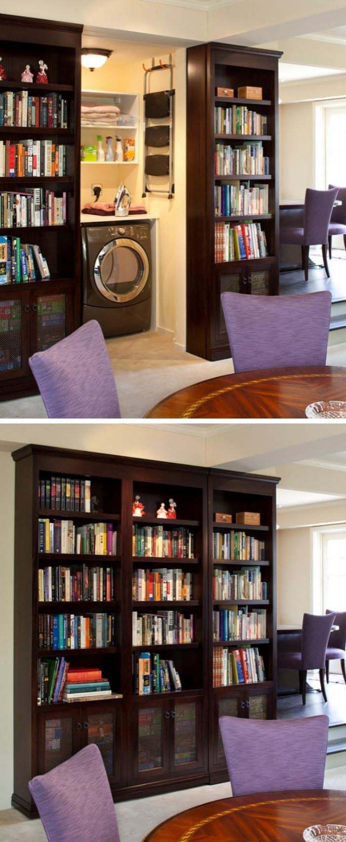 Bookshelf Door with Hidden Laundry Closet behind It #laundry #closetdoors #decorhomeideas