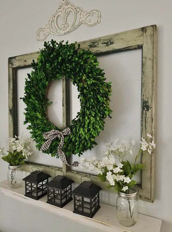 Boxwood Wreath and Recycled Window Display #farmhouse #livingroom #decorhomeideas